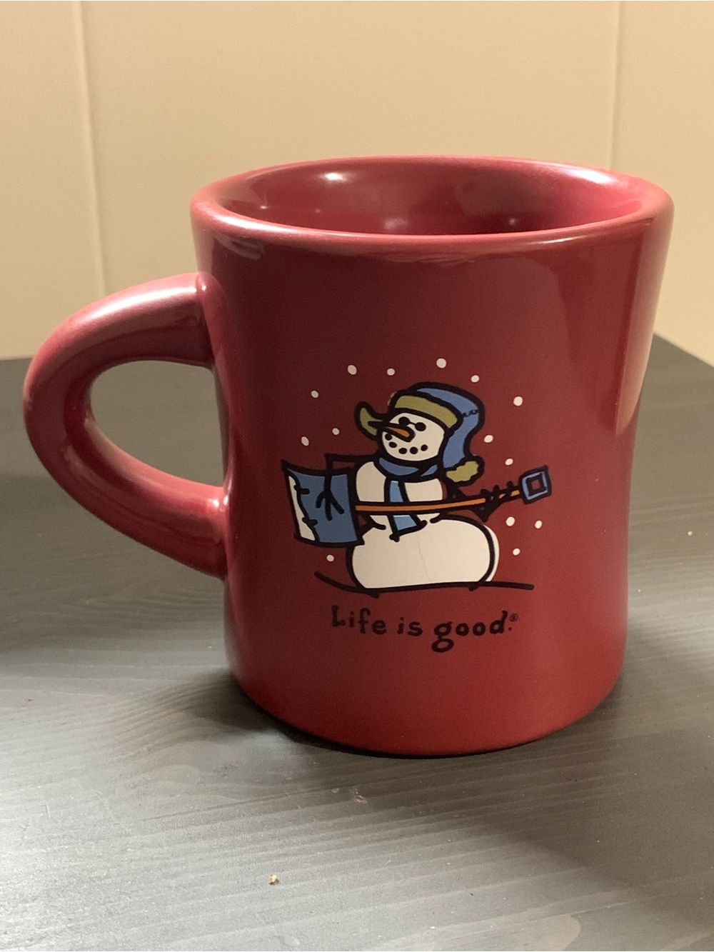 Life Is Good Red Mug with Snowman Graphic